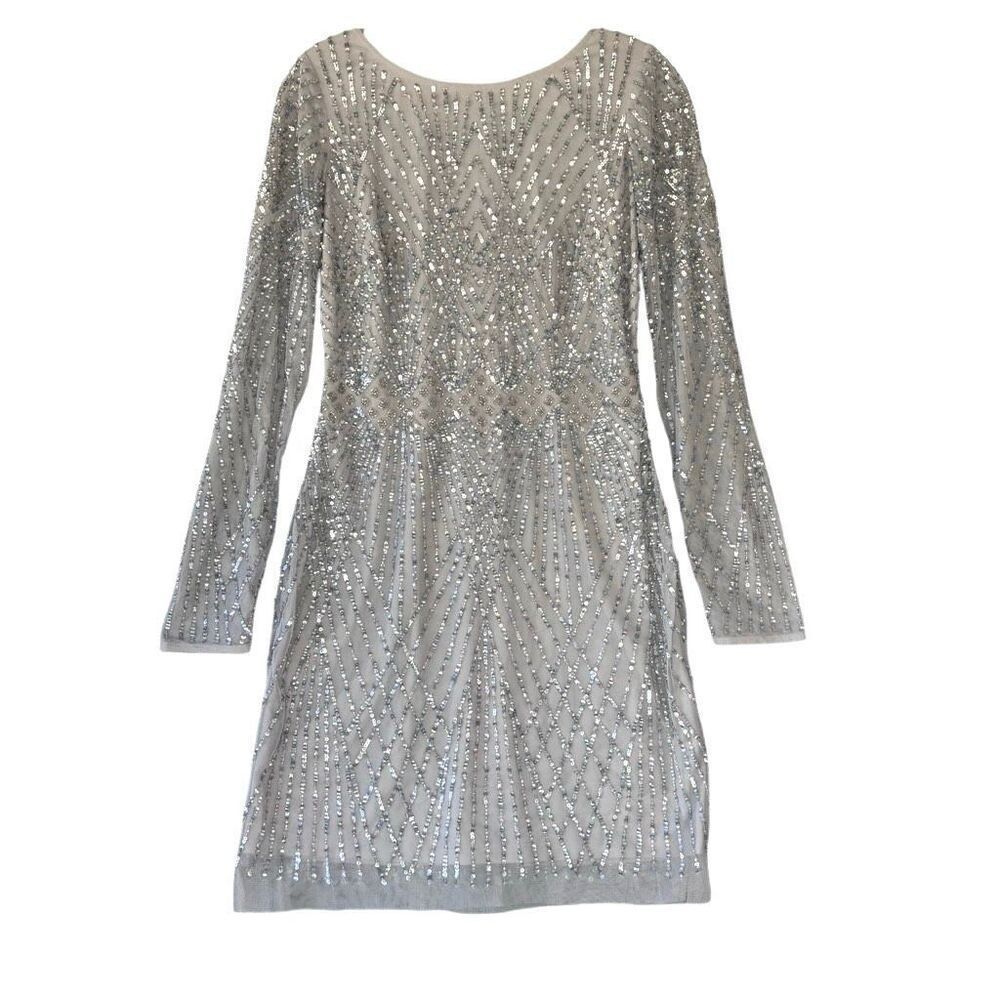 Aidan Mattox Gray Silver Sequin Mini Dress Long Sleeve Boat V Neck Women Size 8
